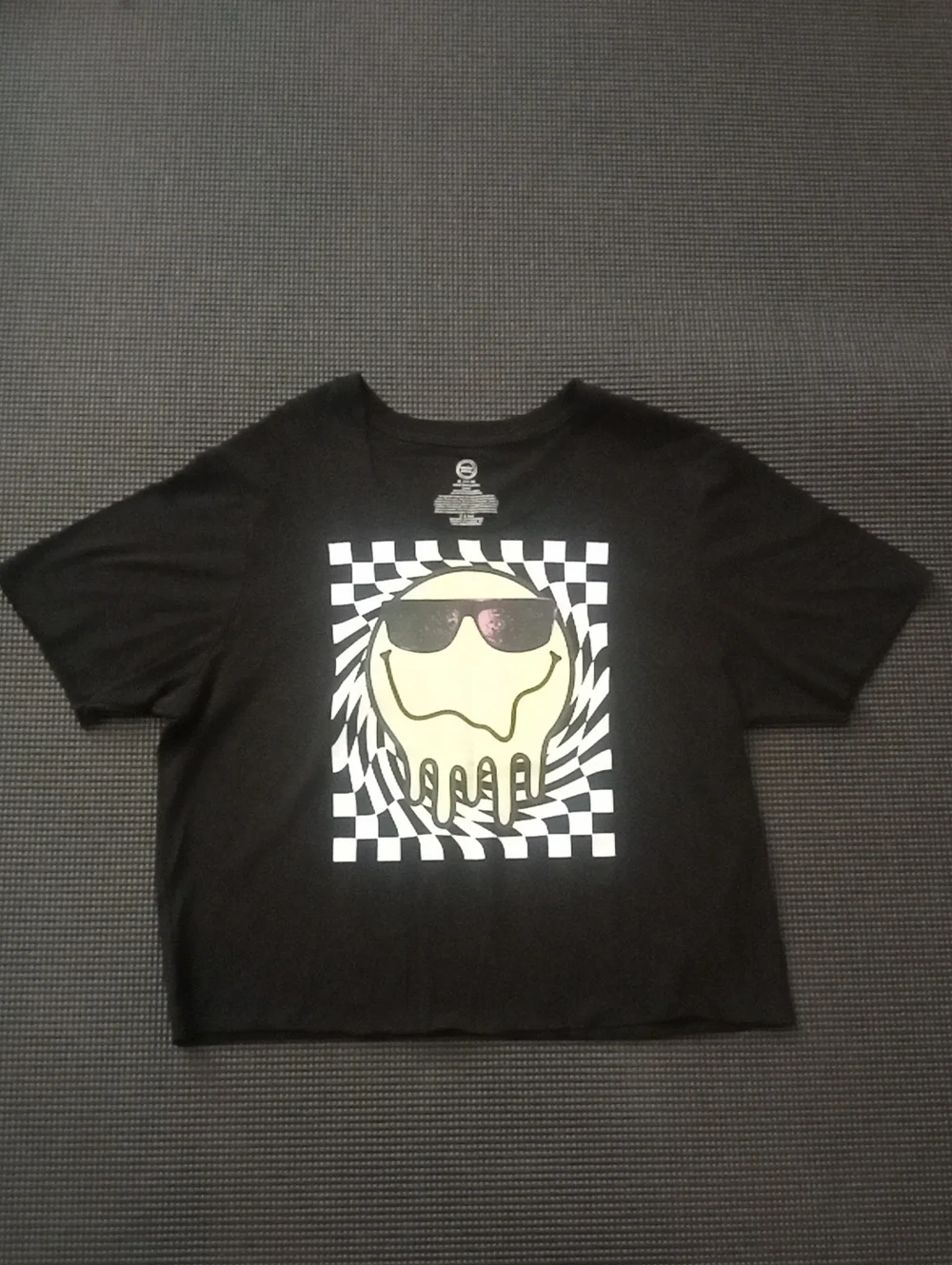 wonder nation Black Tee with Yellow Drip Smiley and Checkerboard